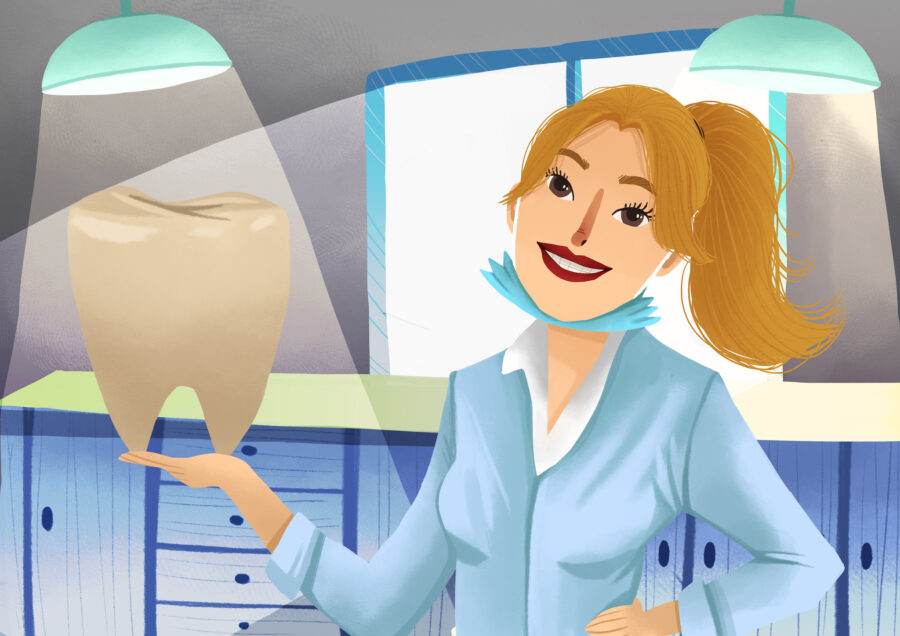 illustrated image of a dentist holding up a large tooth