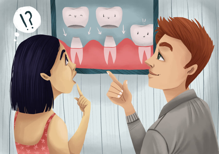 Graphic illustration of a woman discussing a dental crown with a dental provider.